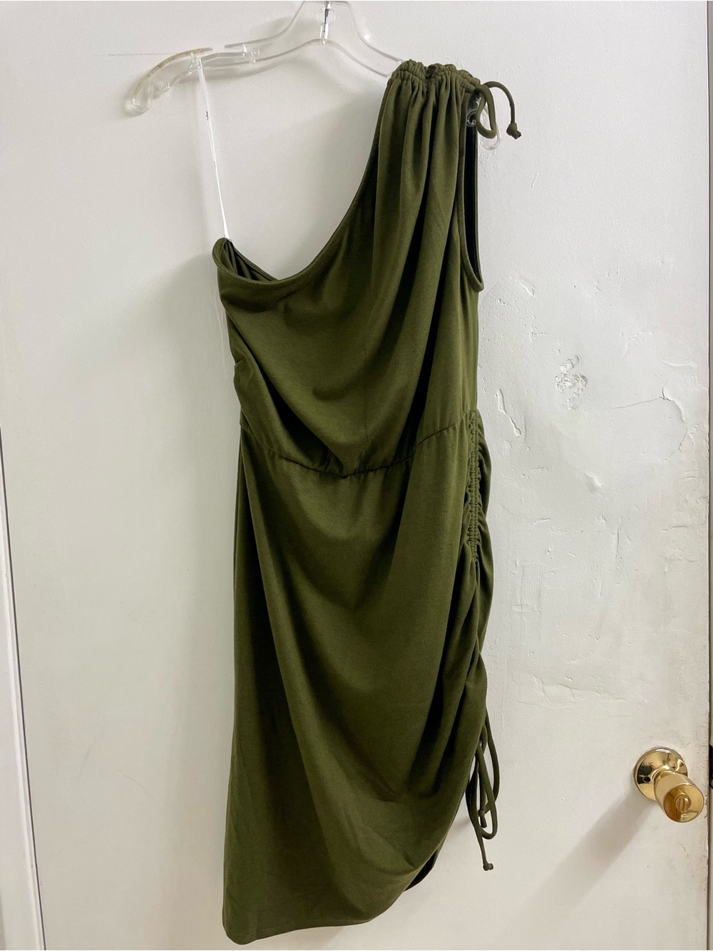 Lulu's Olive One-Shoulder Ruched Drawstring Dress - Picture 7 of 7